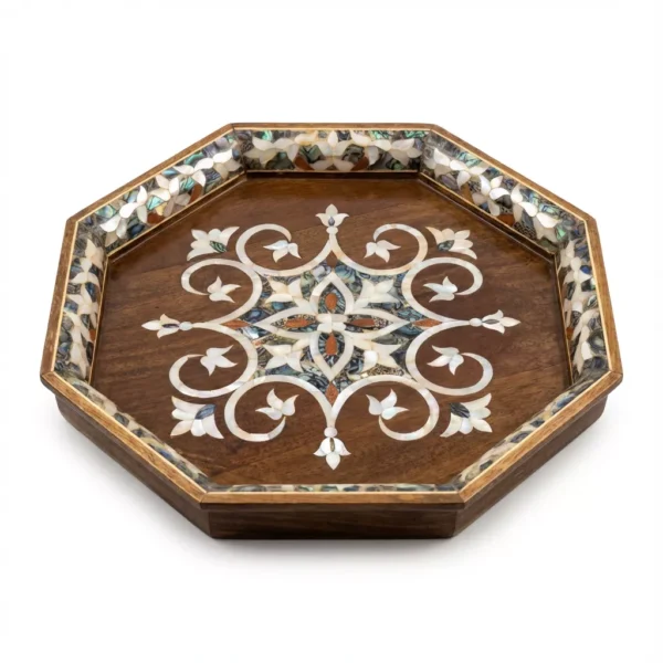 Handcrafted Octagonal Mother-of-Pearl Inlay Wooden Tray