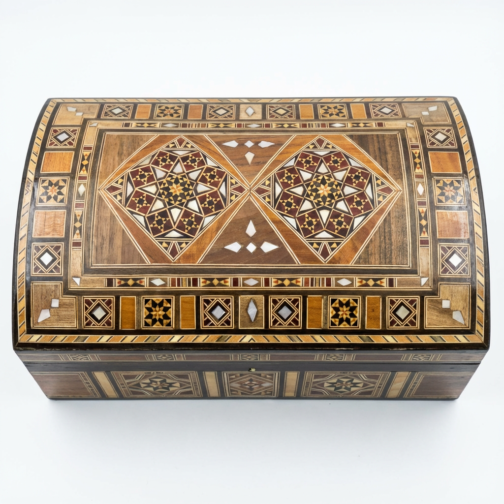 Handcrafted Domed Mosaic Wooden Jewelry Box with Mother-of-Pearl Inlay