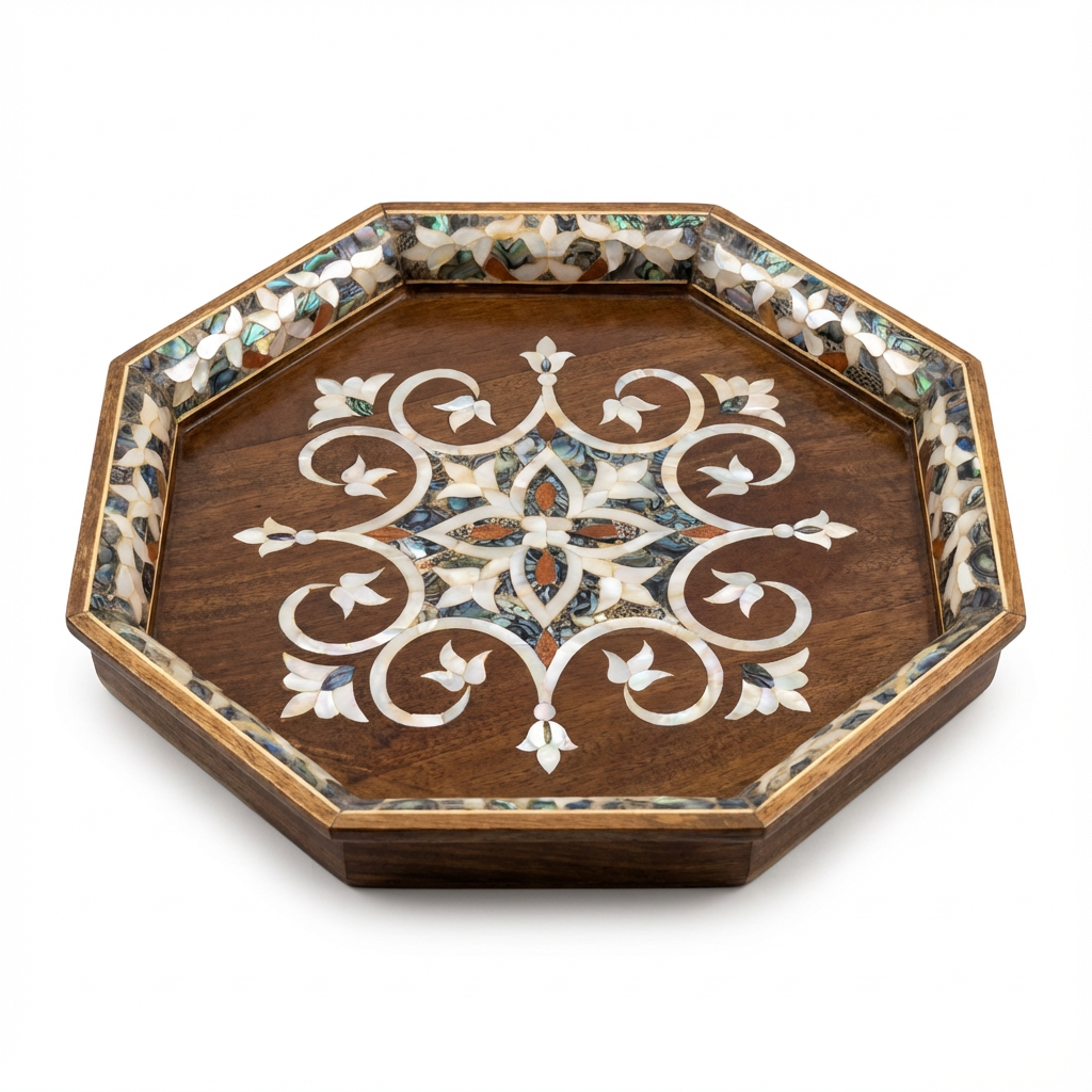 Handcrafted Octagonal Mother-of-Pearl Inlay Wooden Tray