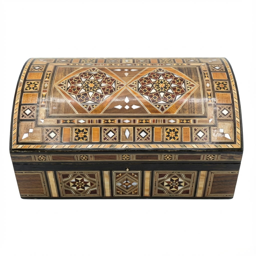 Handcrafted Domed Mosaic Wooden Jewelry Box with Mother-of-Pearl Inlay