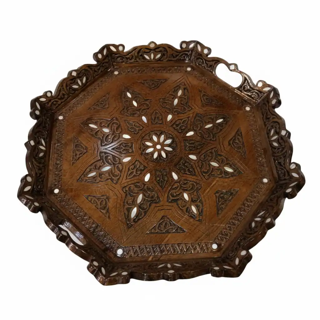 Hand-Carved Octagon Serving Tray with Mother-of-Pearl Accents