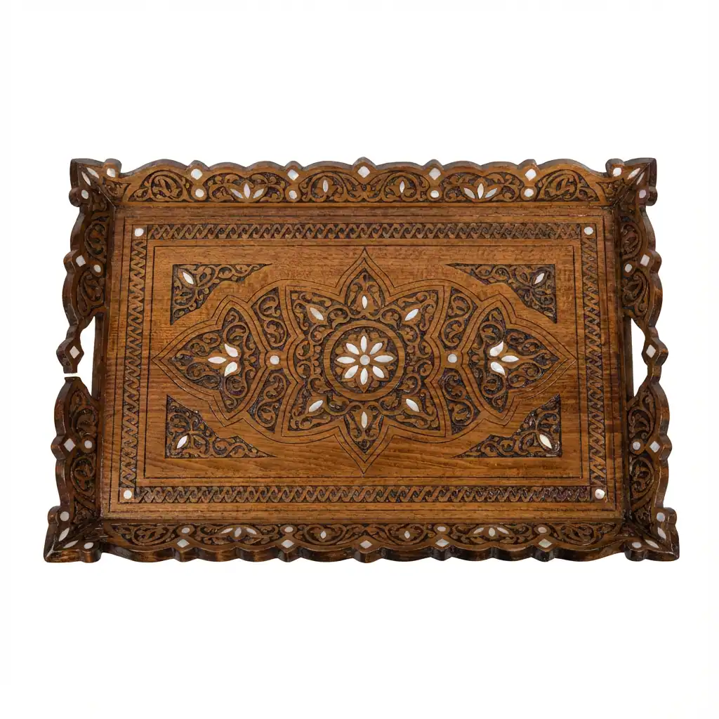 Handcrafted Wooden Tray with Ornate Carved Border & Inlay Design - Image 2