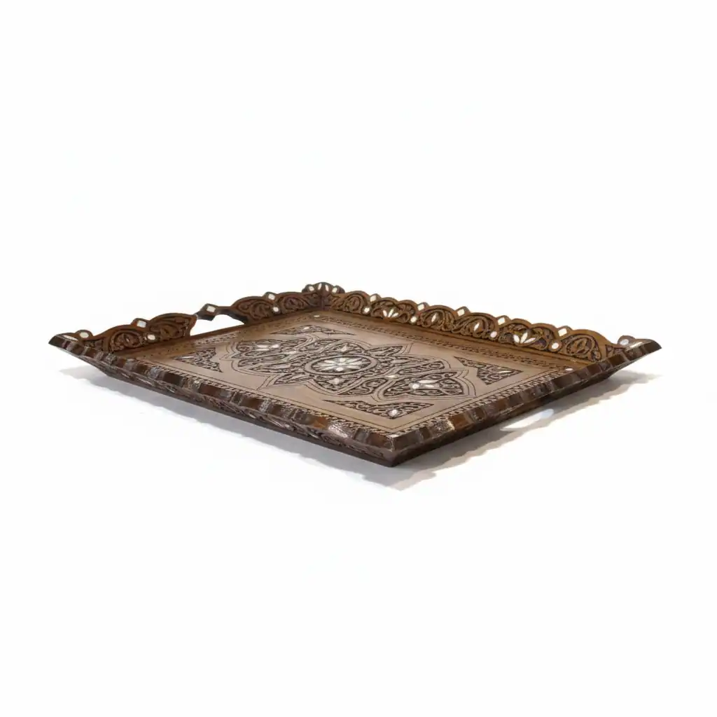 Handcrafted Wooden Tray with Ornate Carved Border & Inlay Design - Image 3