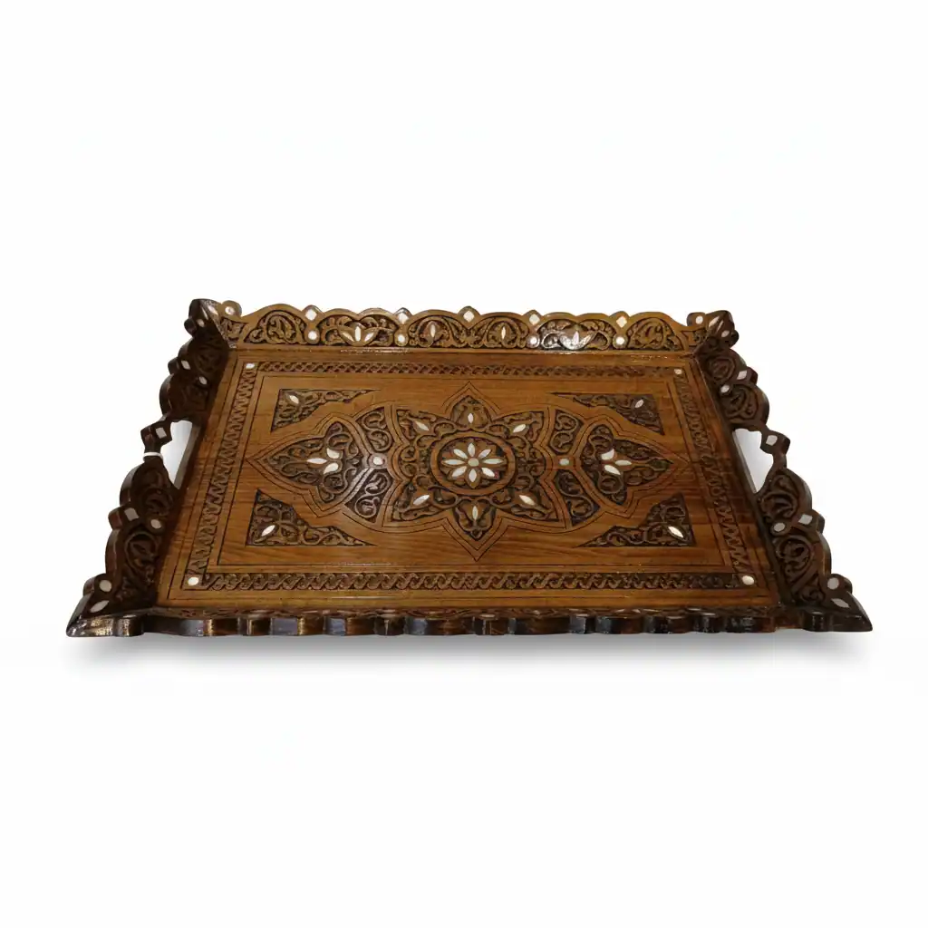 Handcrafted Wooden Tray with Ornate Carved Border & Inlay Design