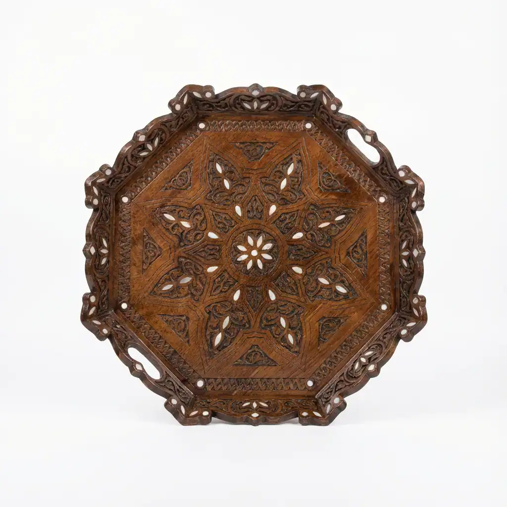 Hand-Carved Octagon Serving Tray with Mother-of-Pearl Accents - Image 3