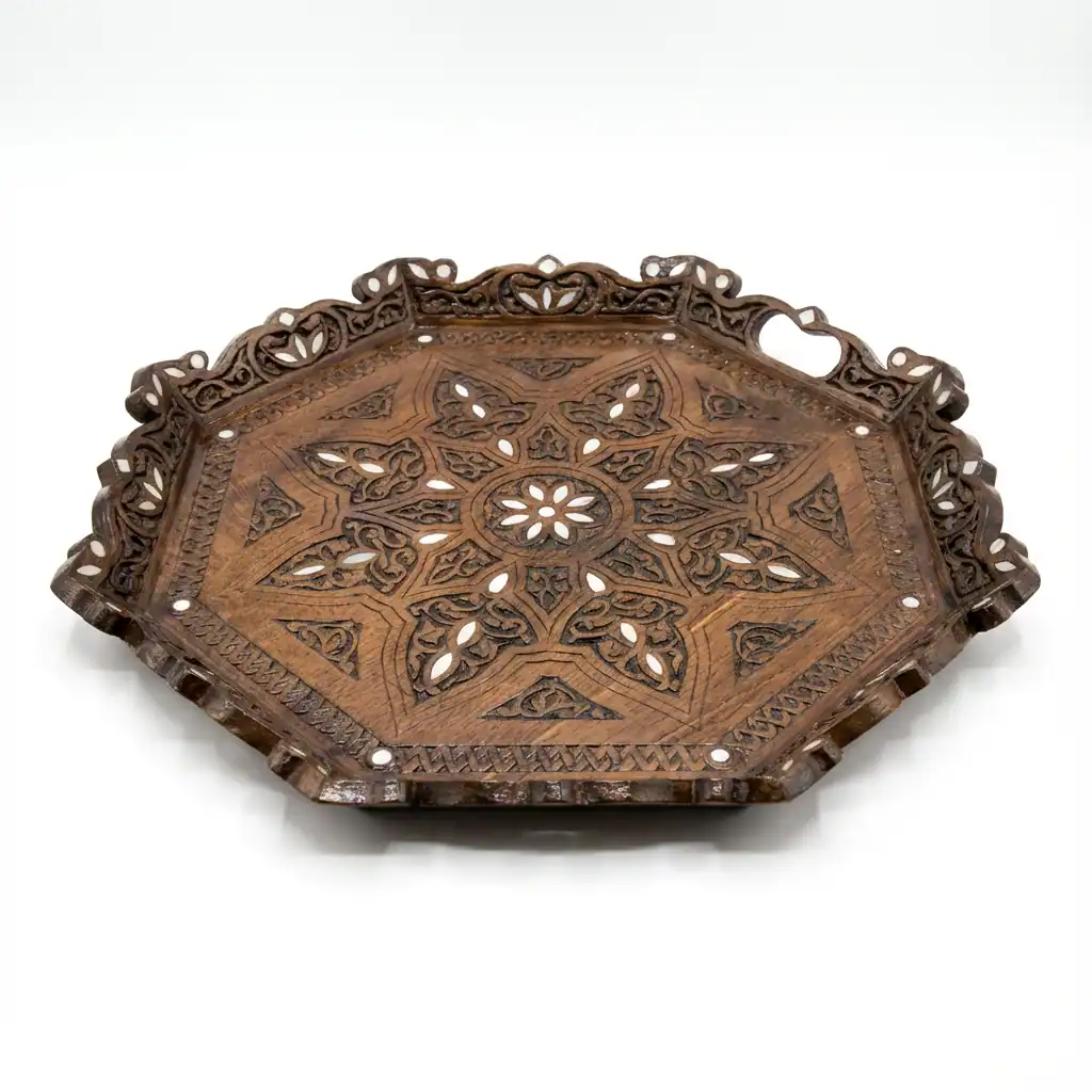 Hand-Carved Octagon Serving Tray with Mother-of-Pearl Accents - Image 2