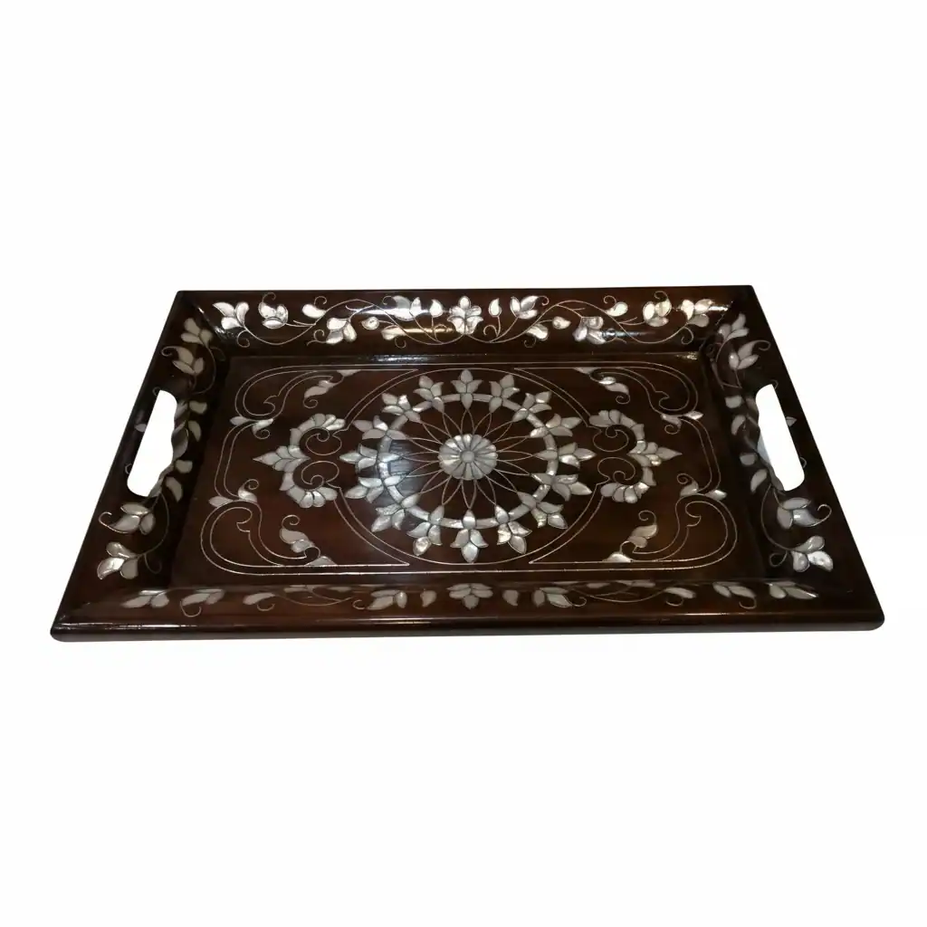 Mother of Pearl Floral Inlay Wooden Serving Tray – Rectangular Handcrafted Design