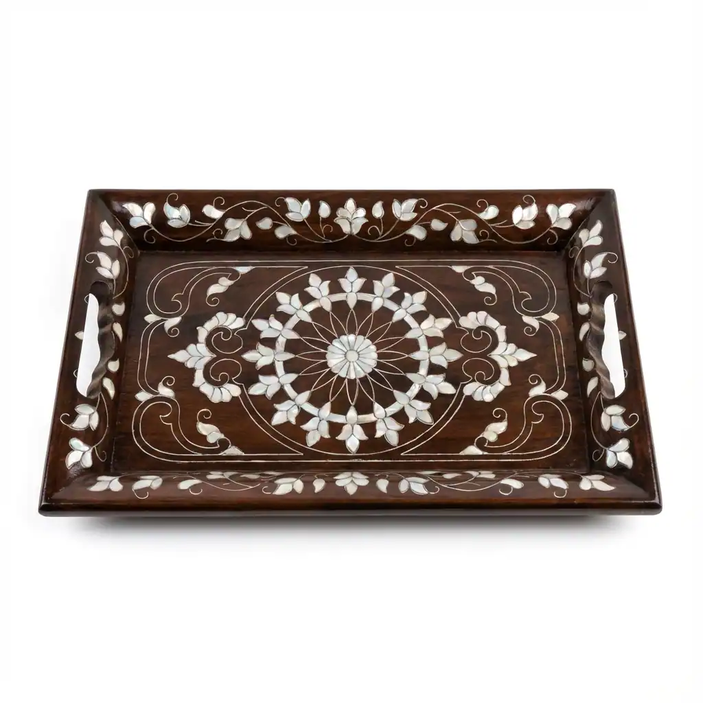 Mother of Pearl Floral Inlay Wooden Serving Tray – Rectangular Handcrafted Design - Image 4