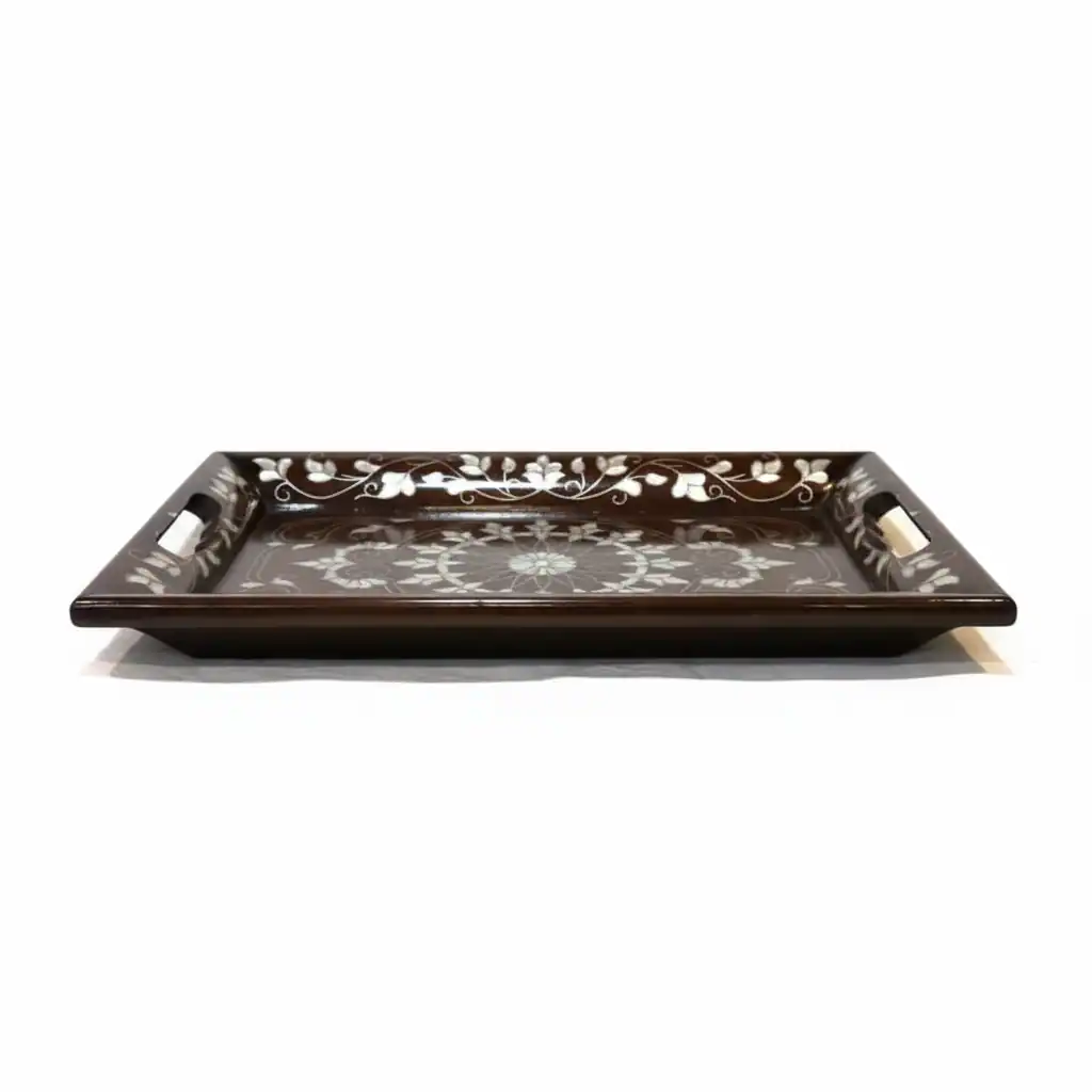 Mother of Pearl Floral Inlay Wooden Serving Tray – Rectangular Handcrafted Design - Image 3