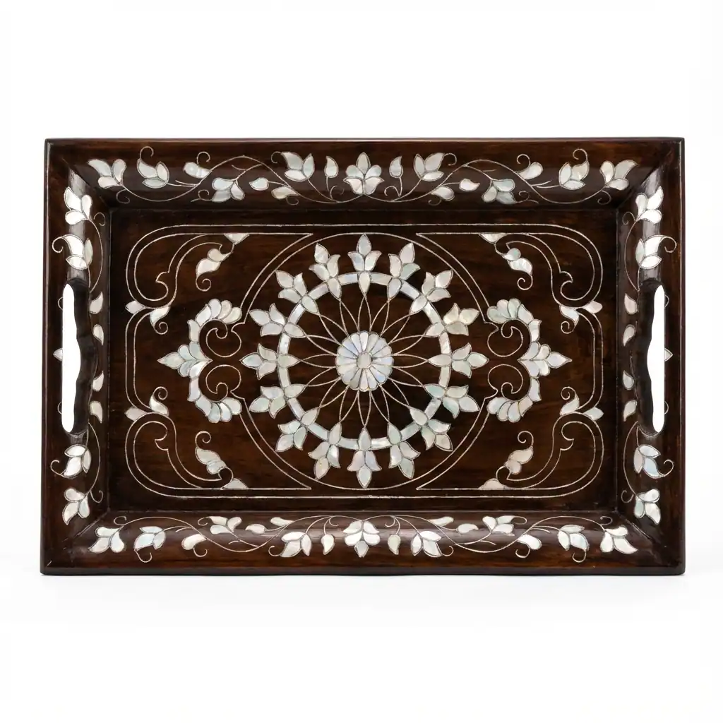 Mother of Pearl Floral Inlay Wooden Serving Tray – Rectangular Handcrafted Design - Image 2