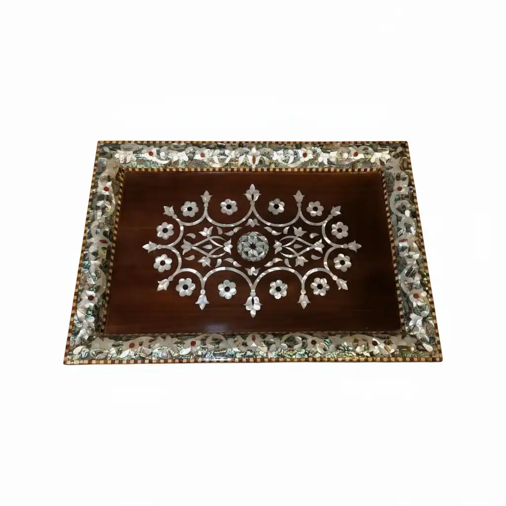 Rectangular Wooden Serving Tray with Mother-of-Pearl Floral Inlay – Premium Artisan Craft