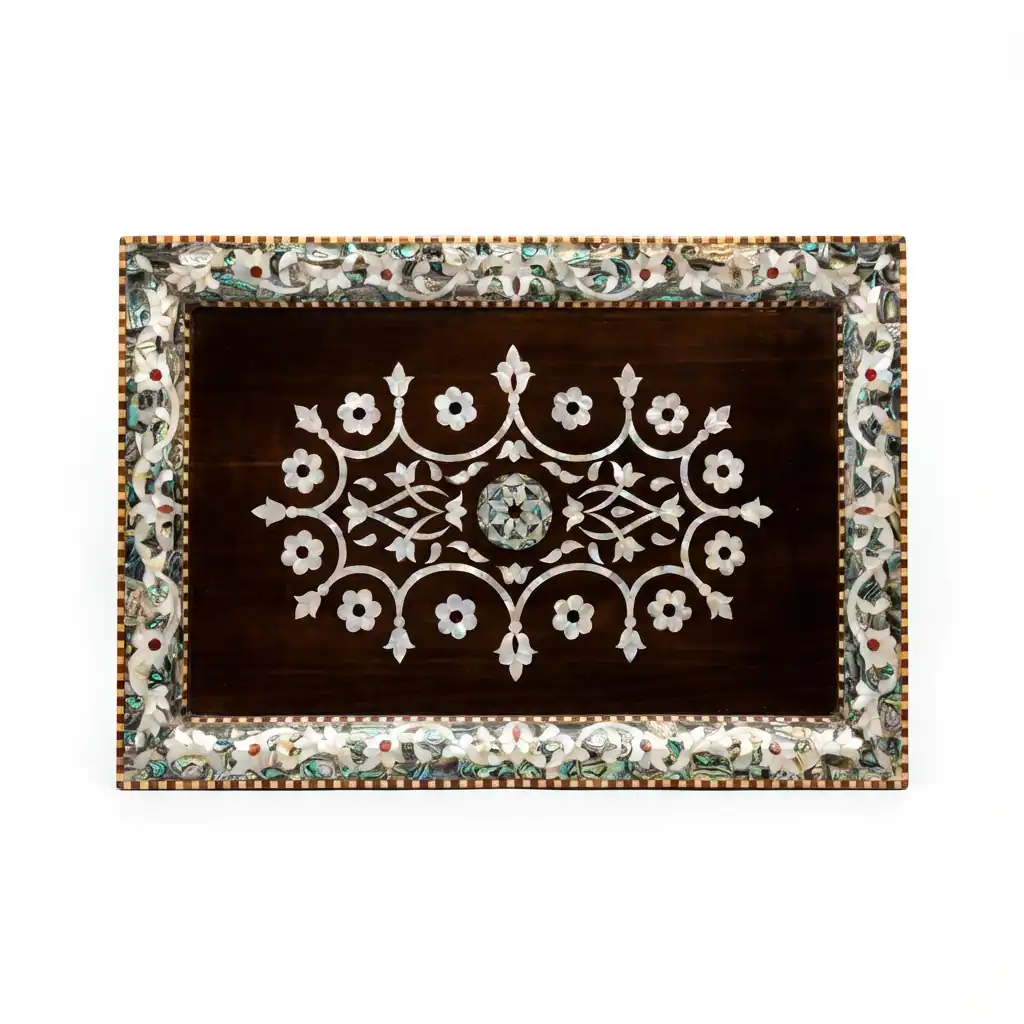 Rectangular Wooden Serving Tray with Mother-of-Pearl Floral Inlay – Premium Artisan Craft - Image 4
