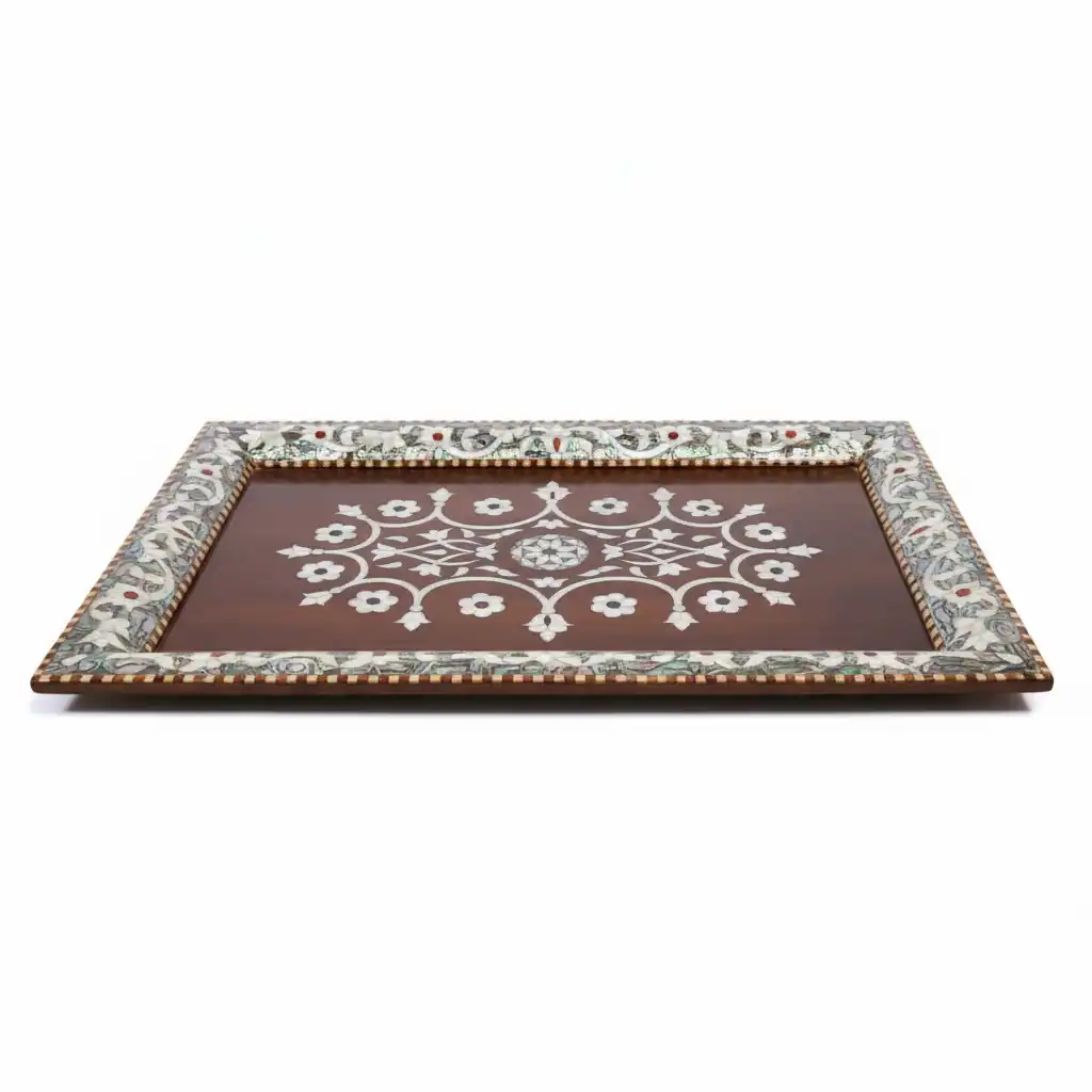 Rectangular Wooden Serving Tray with Mother-of-Pearl Floral Inlay – Premium Artisan Craft - Image 3