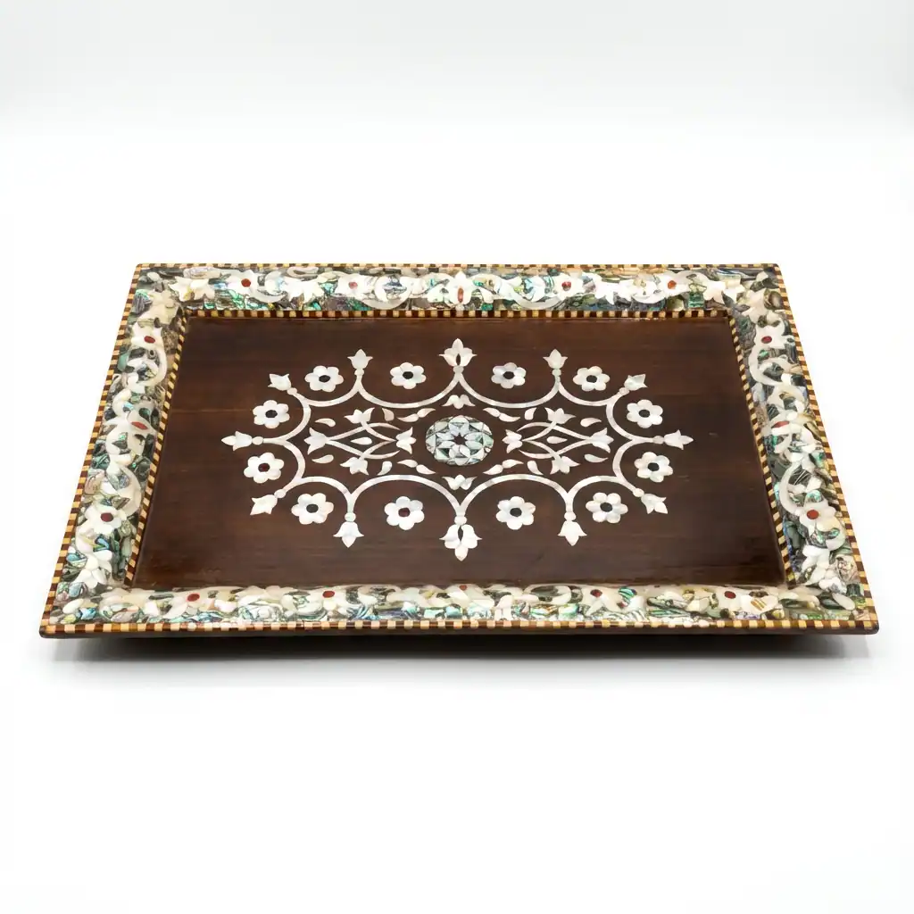 Rectangular Wooden Serving Tray with Mother-of-Pearl Floral Inlay – Premium Artisan Craft - Image 2