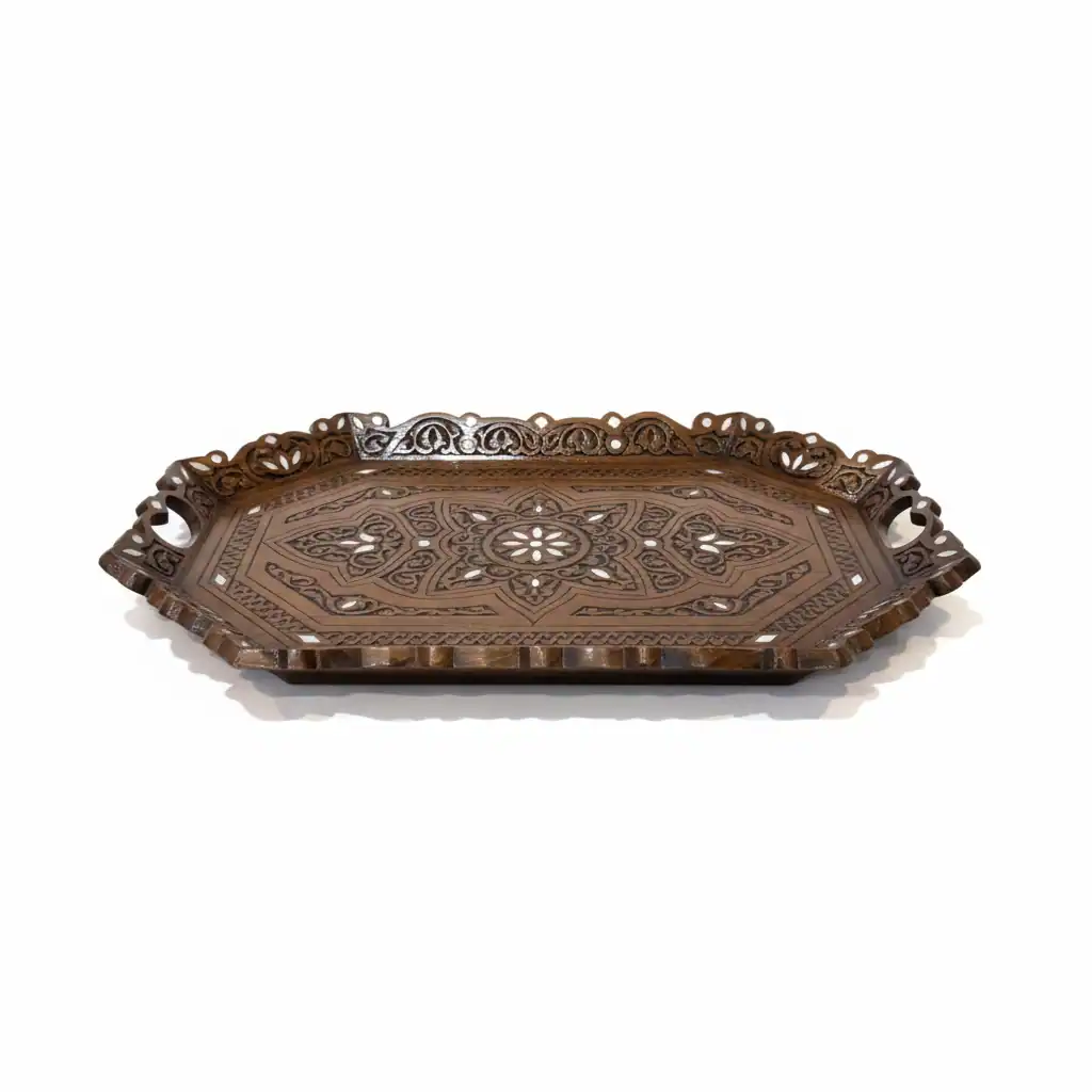 Hand-Carved Wooden Serving Tray with Intricate Cutwork & Inlay - Image 3