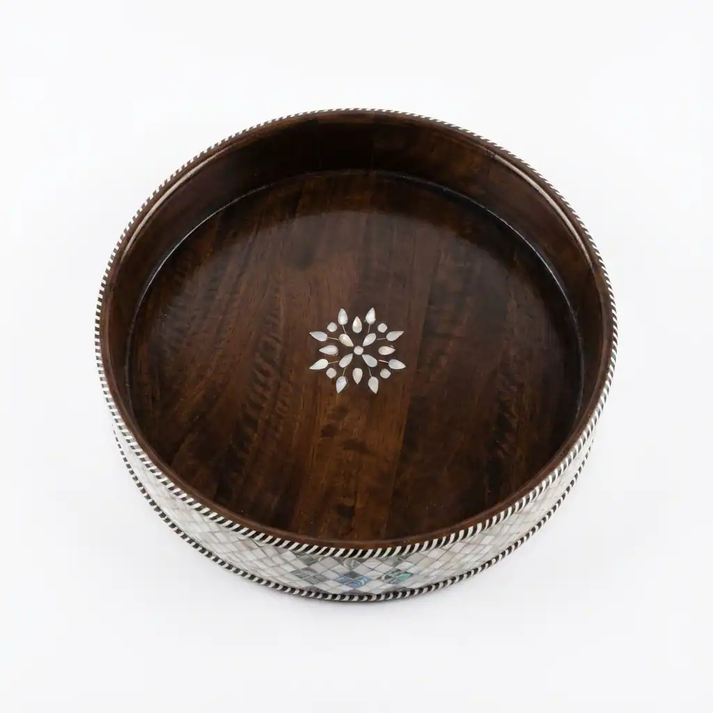 Round Walnut Tray with Mother-of-Pearl Mosaic Border - Image 2