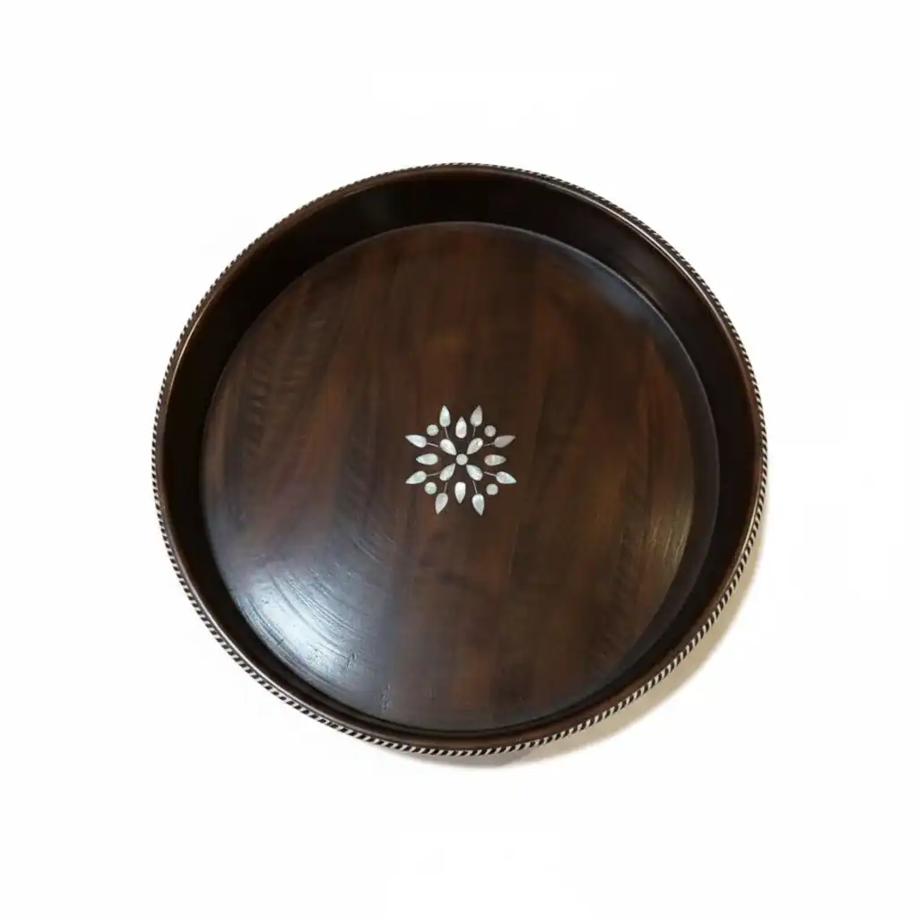 Round Walnut Tray with Mother-of-Pearl Mosaic Border - Image 3
