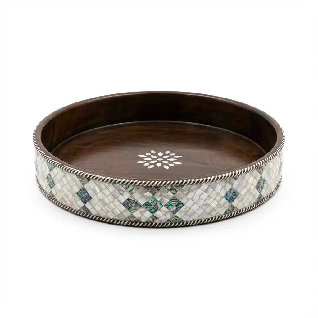 Round Walnut Tray with Mother-of-Pearl Mosaic Border - Image 4
